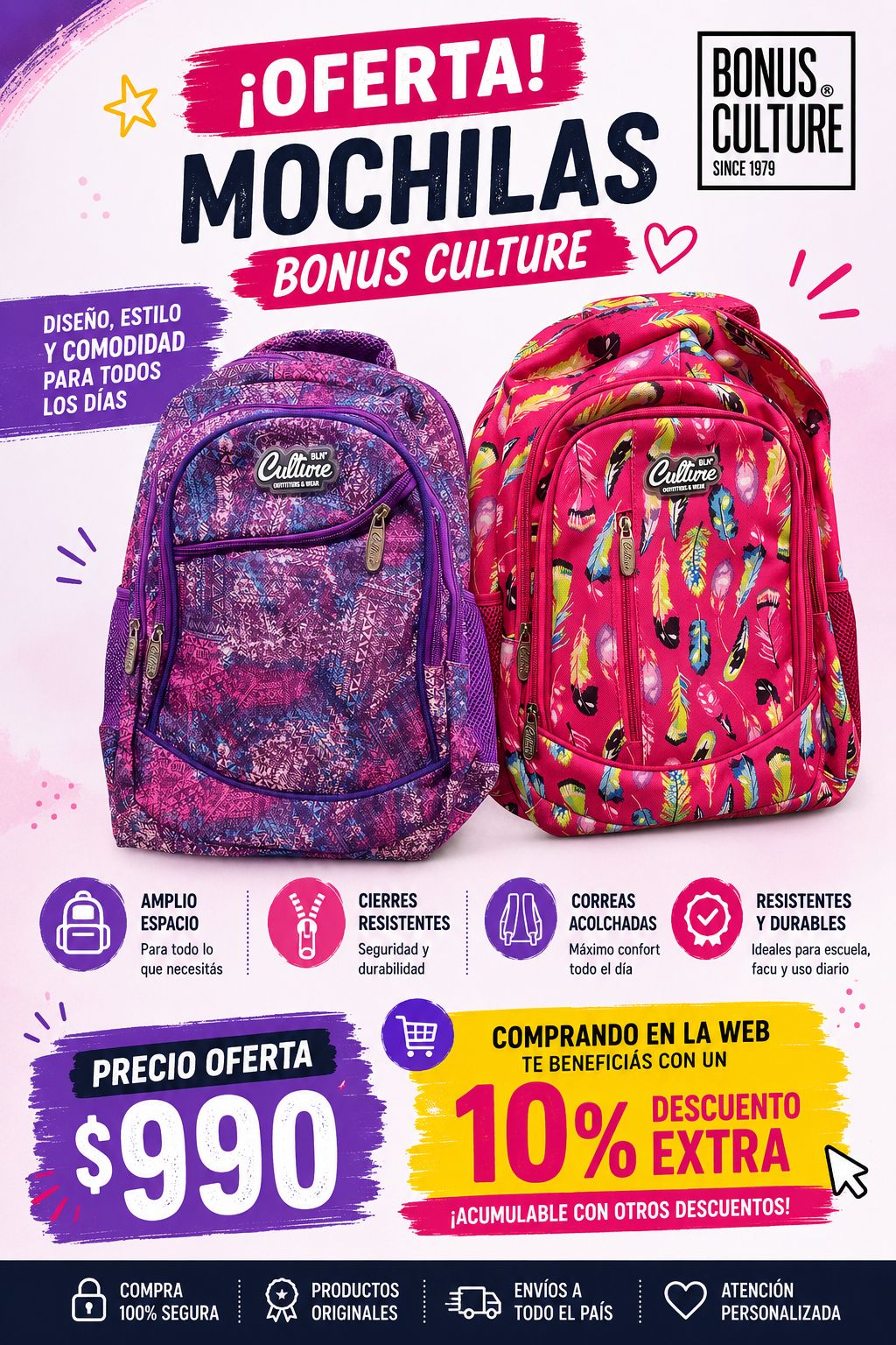 Mochila Bonus Culture 2 Reparticiones y bolsillo delantero