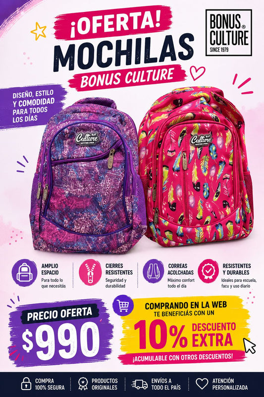 Mochila Bonus Culture 2 Reparticiones y bolsillo delantero