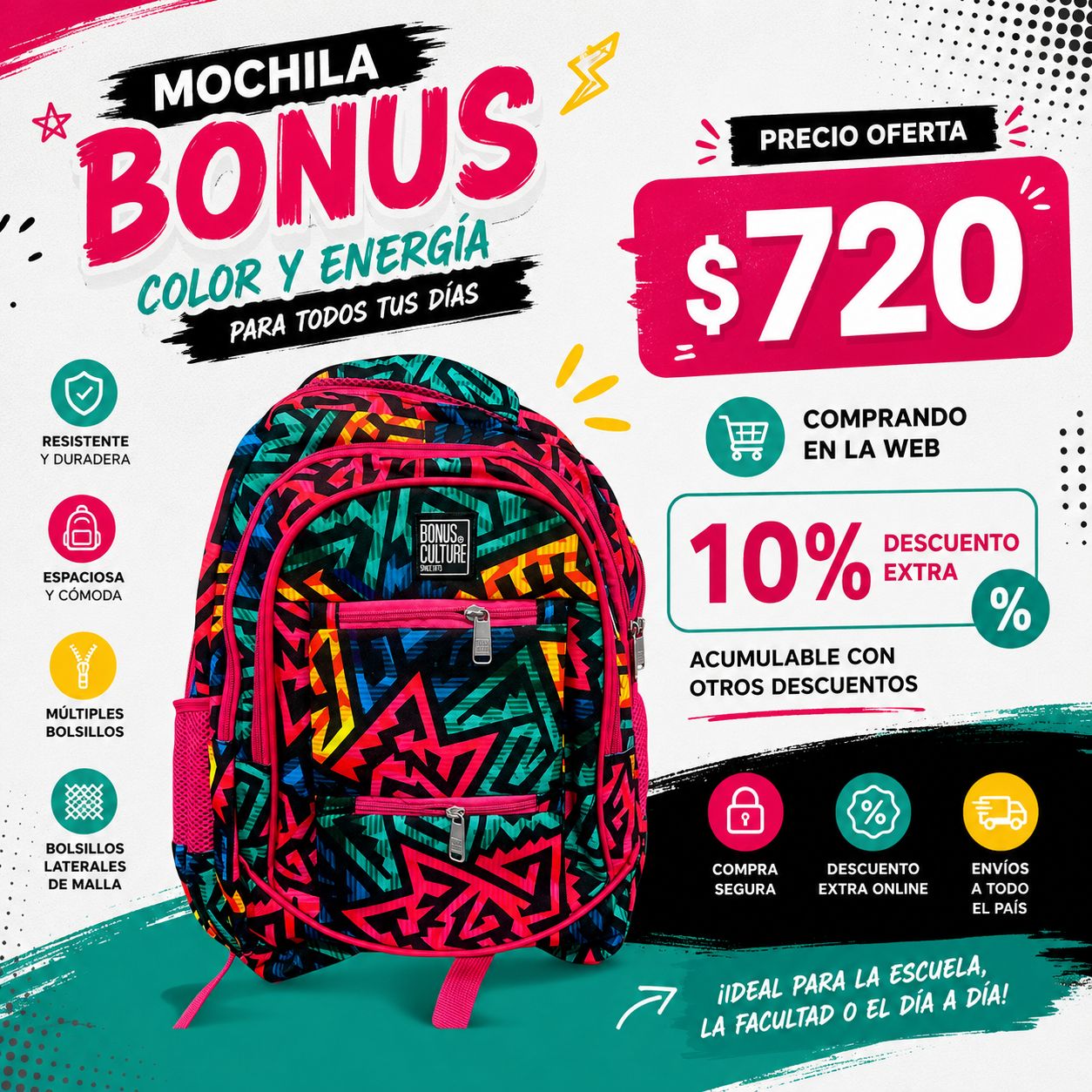 Mochila Bonus Culture 3 Reparticiones y 2 bolsillos delanteros
