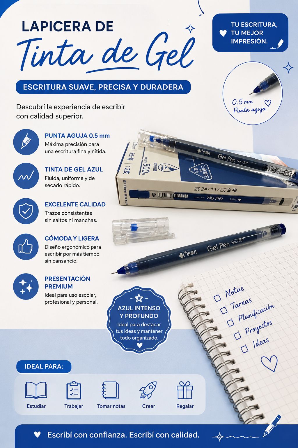 Boligrafo de Gel Punta Aguja Caja x 12