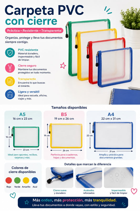 Carpeta pvc transparente con cierre A4.