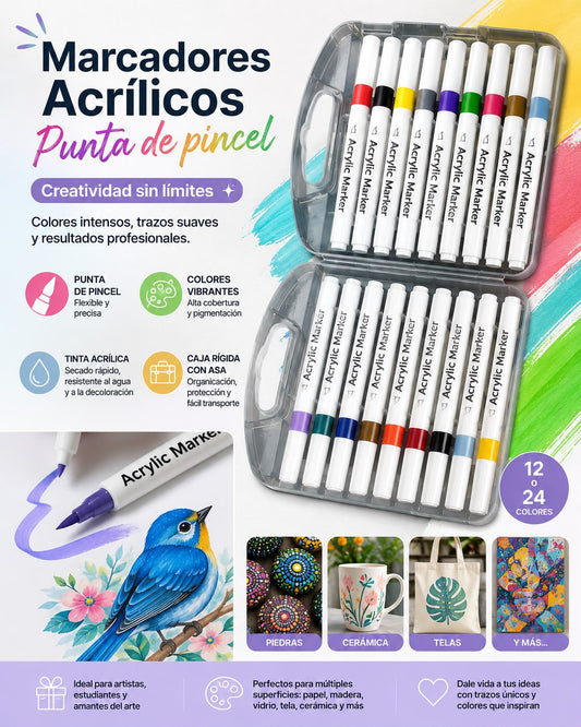 Marcadores Acrílicos en Valija x 12 o 24 Colores