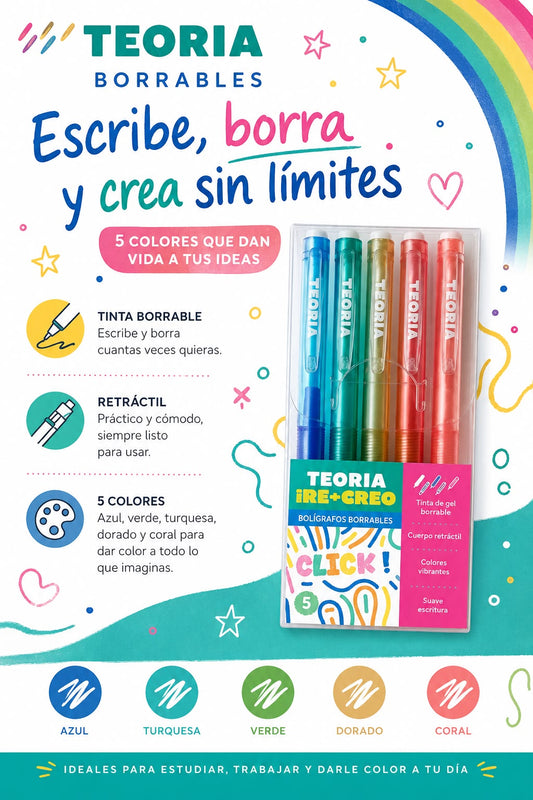 Bolígrafo Teoría Borrable Retráctil de 5 Colores