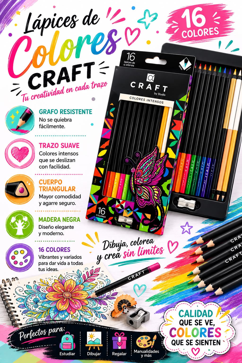 Lápices de Colores Craft con 16 tonos + sacapuntas