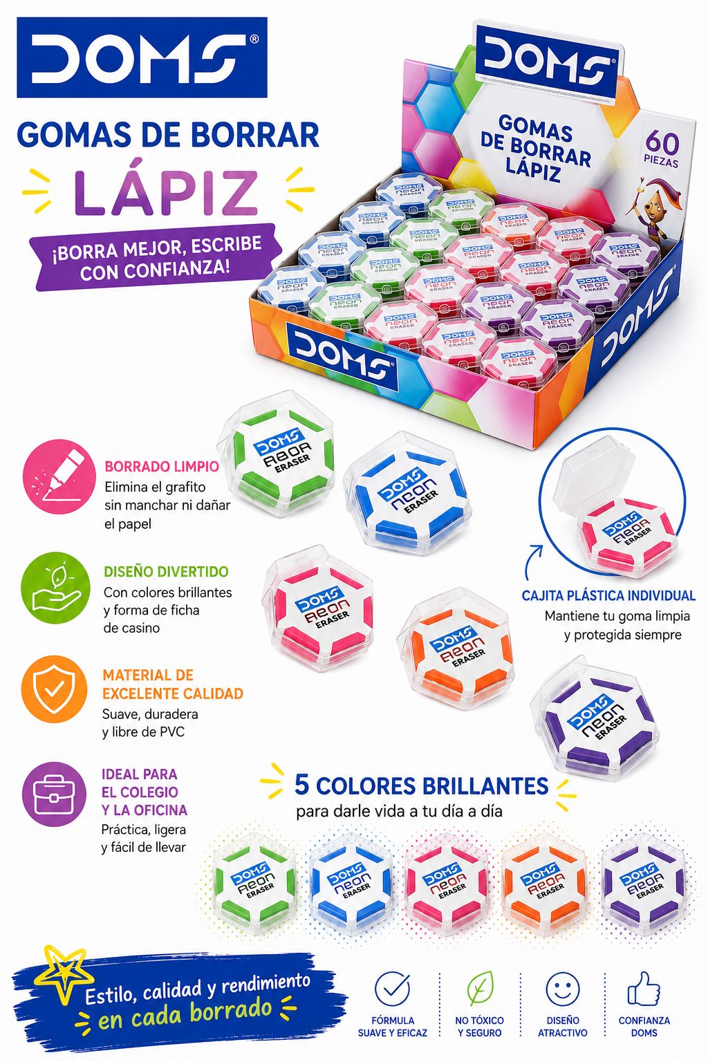 Goma Doms de Borrar Hexagonal en Cajita plástica