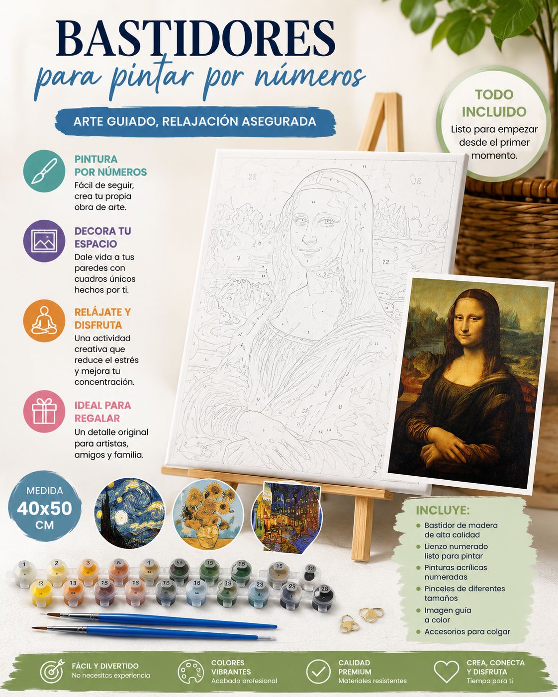 Set Para Pintar, Bastidor con Diseños de Artistas con Pinturas y Pinceles