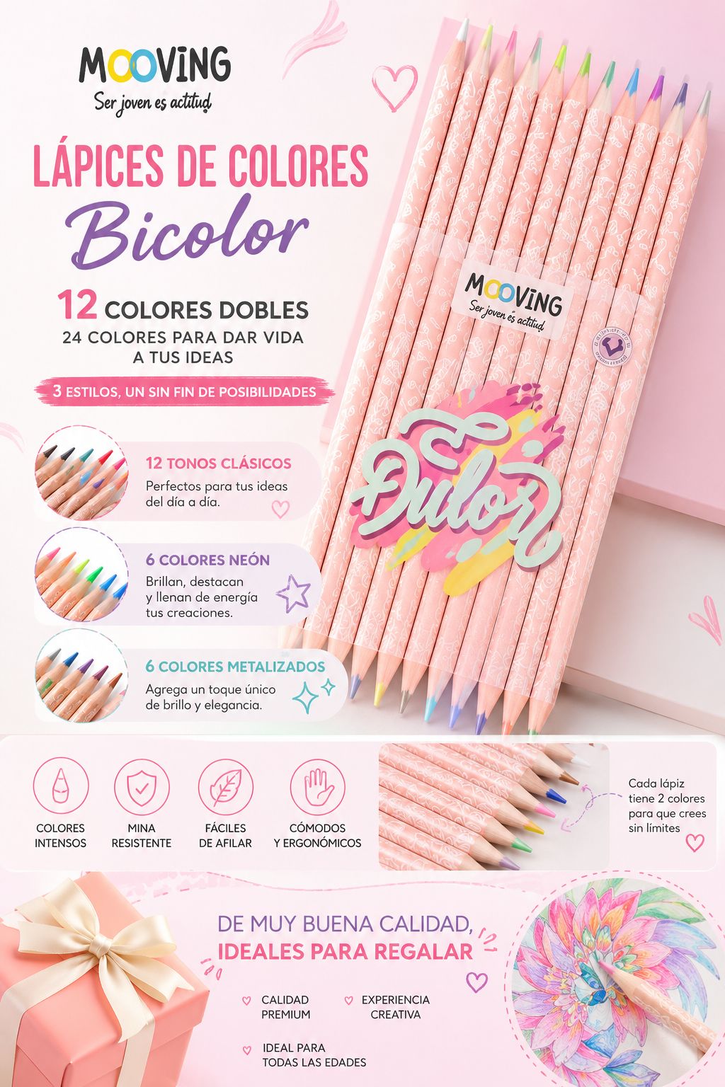 Lápices de Colores Mooving Doble punta x 12 (24 colores)