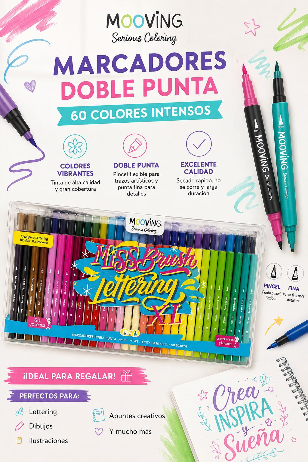 Marcadores Mooving Doble Punta de Pincel x 60