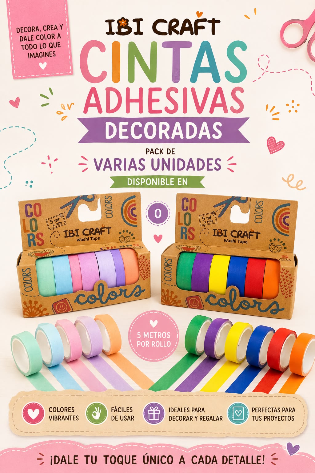 Cintas Ibi Craft Washi Tape colores fuertes o pastel