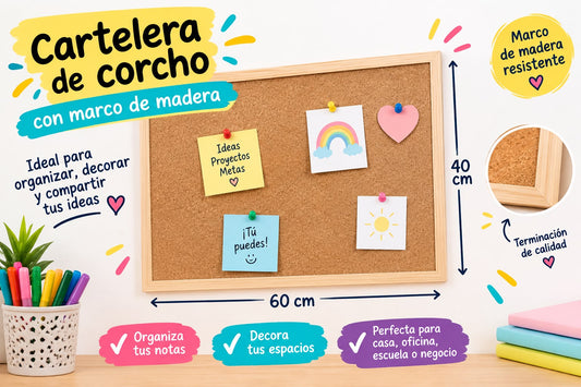 Cartelera de Corcho 40cm x 60cm Marco de Madera