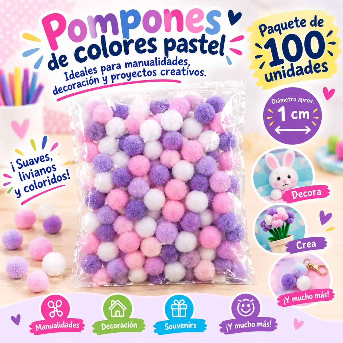 Pompones de Colores en paquete de 25 o de 100 unidades