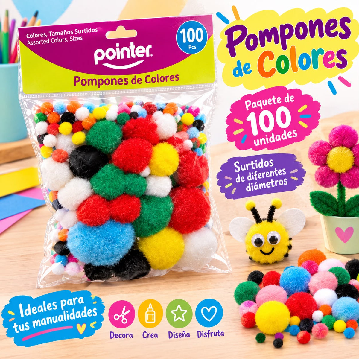 Pompones de Colores en paquete de 25 o de 100 unidades
