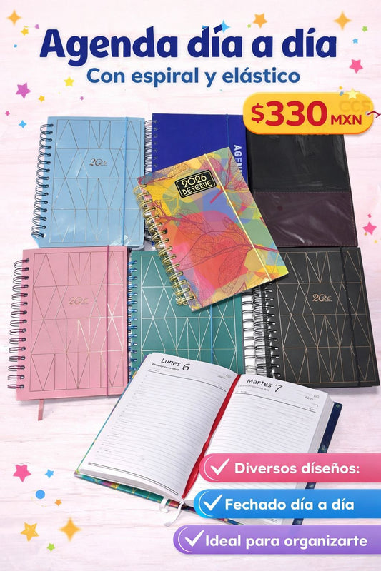 Agenda día a día 2026 tapa dura con espiral y elástico