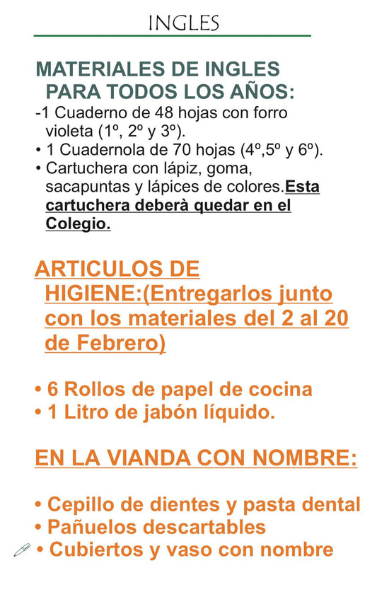 Lista de Materiales Completa para el Colegio Giratierra, Inglès e HIgiene 4º,5º y 6º Año.