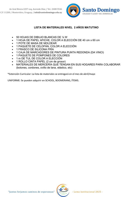 Lista de Materiales Completa para el Colegio Santo Domingo Nivel 2 Matutino 2026