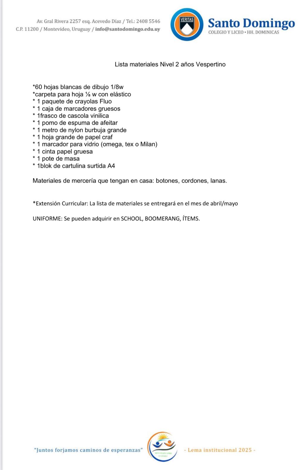 Lista de Materiales Completa para el Colegio Santo Domingo Nivel 2 Vespertino 2026