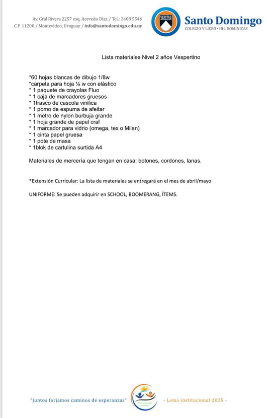 Lista de Materiales Completa para el Colegio Santo Domingo Nivel 2 Vespertino 2026