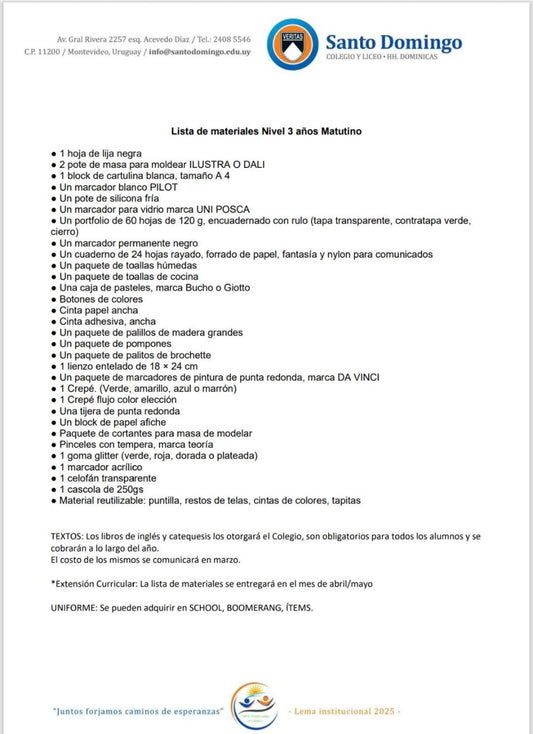 Lista de Materiales Completa para el Colegio Santo Domingo Nivel 3 Matutino 2026