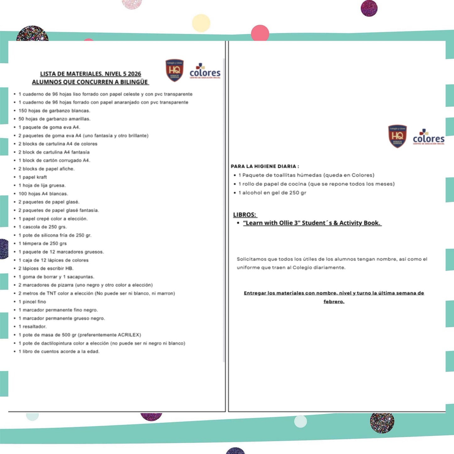 Lista Completa Colegio Horacio Quiroga Nivel 5 Bilingüe 2026