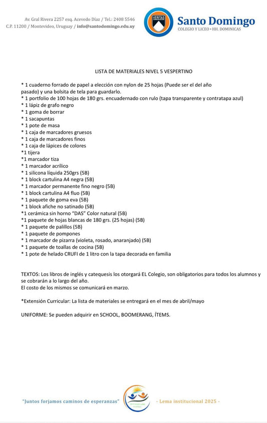 Lista de Materiales Completa para el Colegio Santo Domingo Nivel 5 Vespertino 2026
