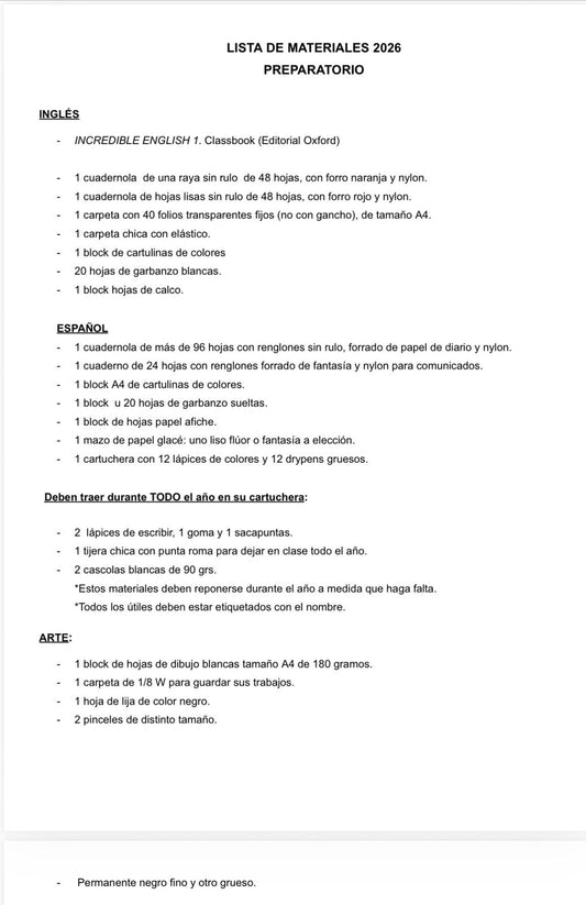 Lista Completa Colegio Ivy Thomas Horneros Prep 2026