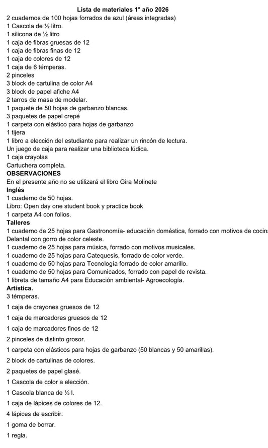 Lista Completa Colegio San Miguel 1º año 2026